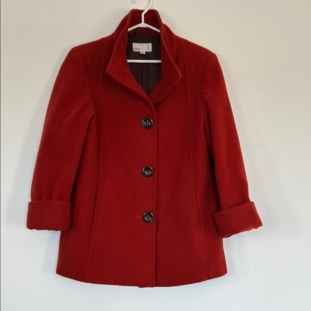 Cleo Red Pea Coat with Textured Fabric and Notched Lapel